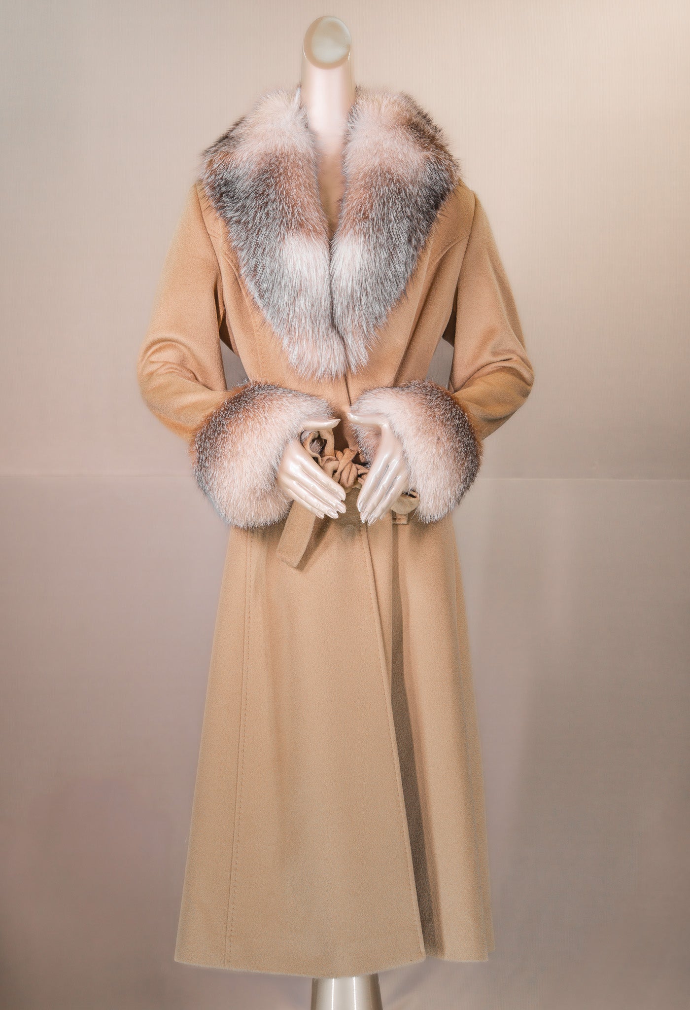 100% Virgin Wool Coat with Natural Crystal Fox – Alaska Fur
