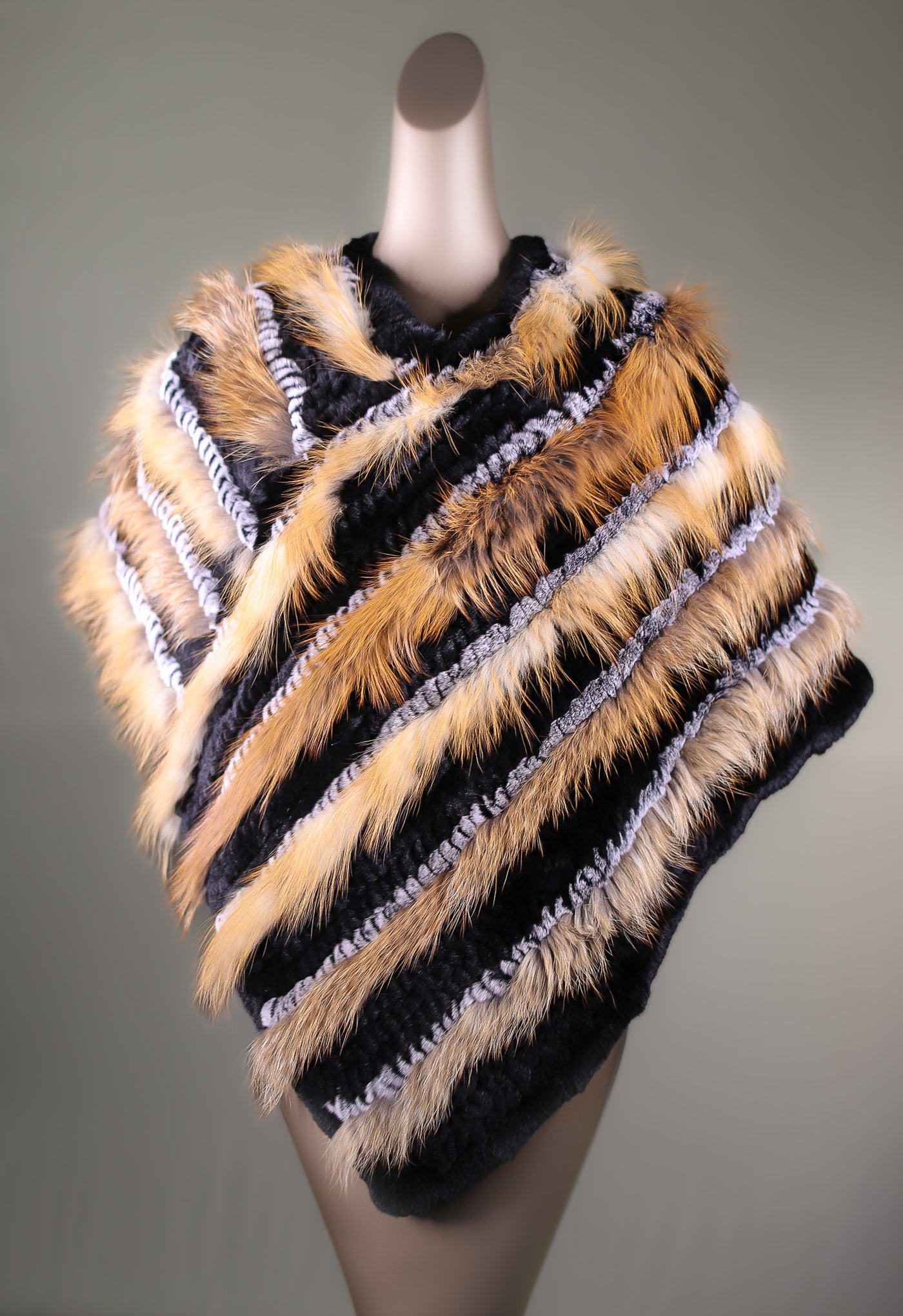 Knitted Contrasting Chinchilla Rex Poncho with Fox Stripes