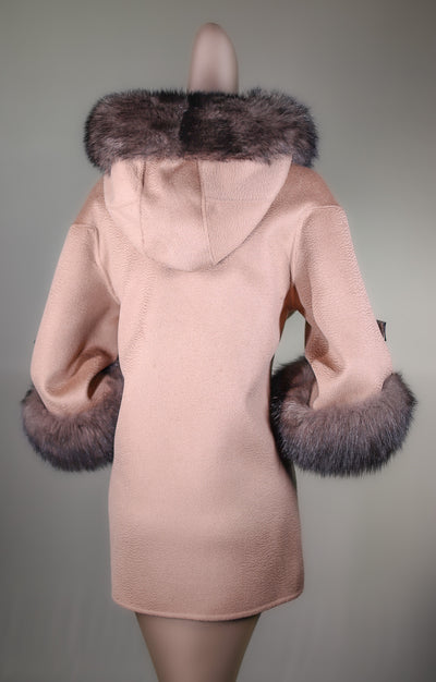 Italian Virgin Alpaca Wool Hooded Jacket with Fox Ruff and Cuffs