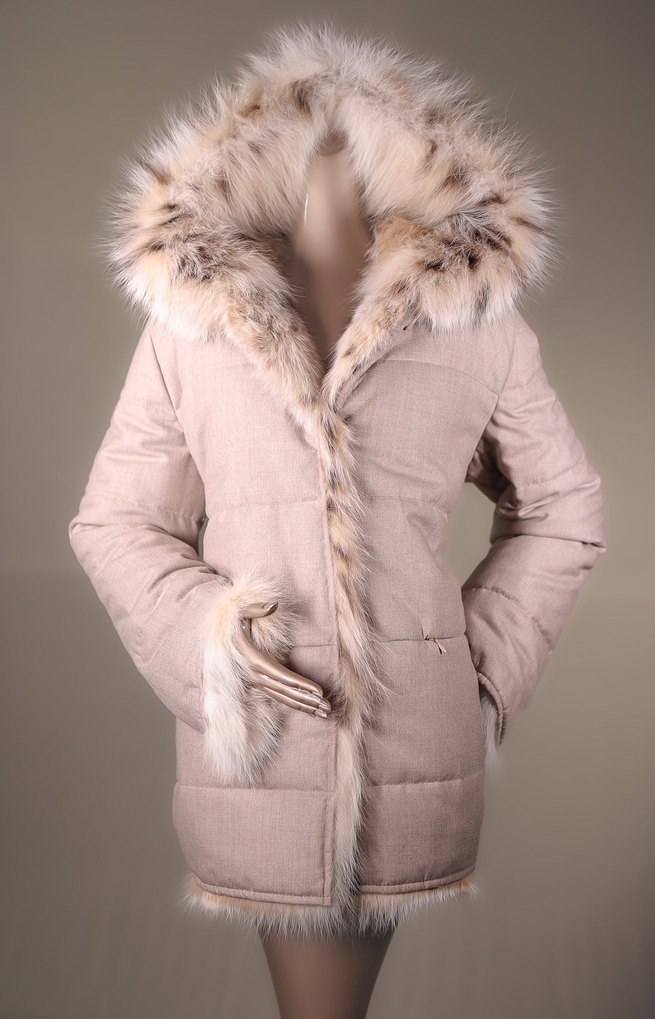 Natural Canadian Lynx Hooded Jacket Reversible to Cashmere Puffer