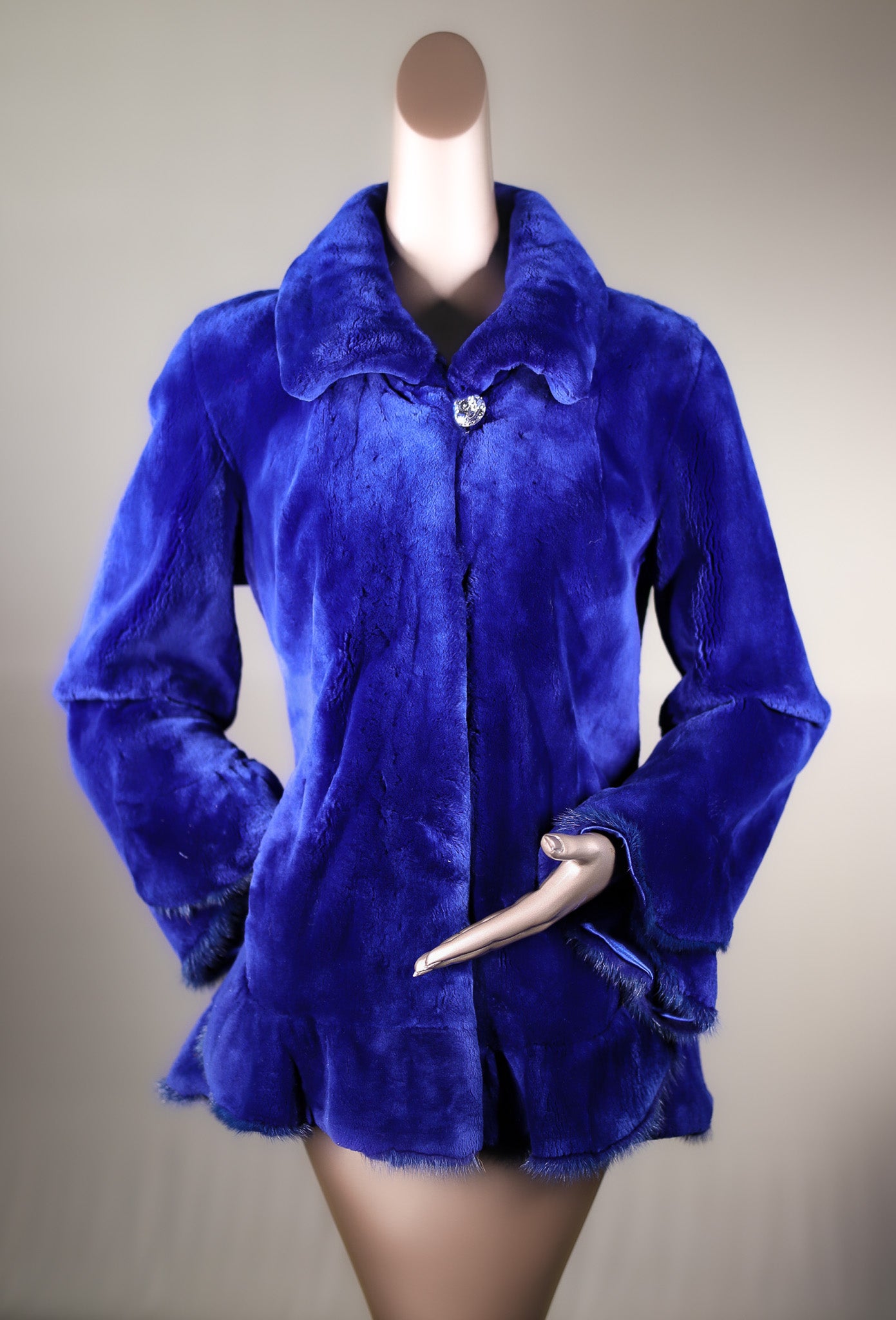 Royal Blue Sheared Beaver Jacket with Ruffled Mink Trim – Alaska