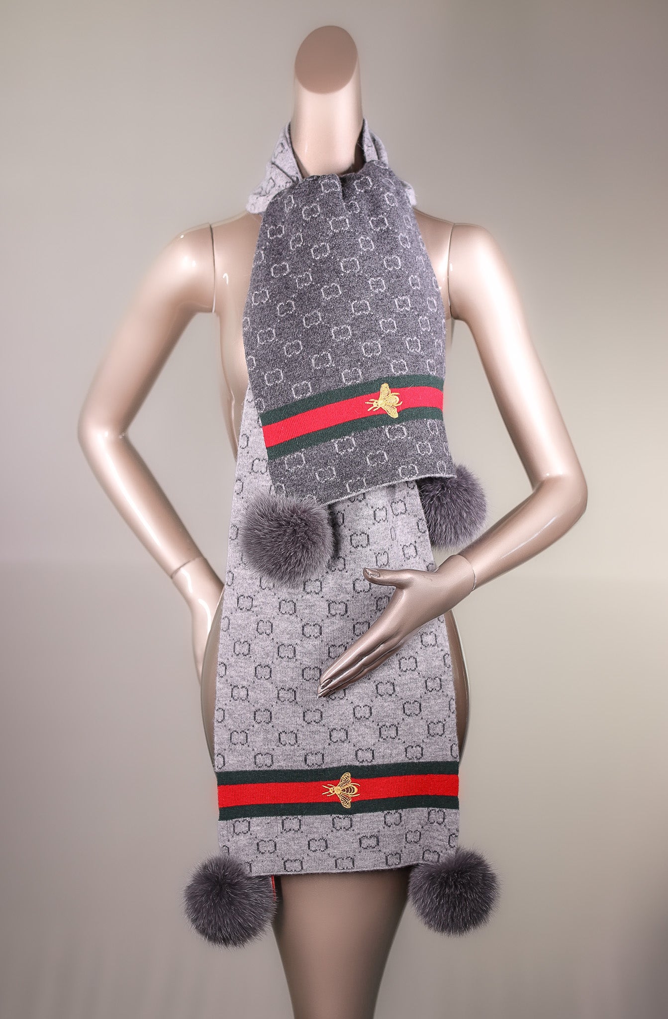 Two-Tone Wool Gucci-Inspired Monogrammed Scarf with Fox Pom Two-Tone Wool Gucci-Inspired Monogrammed Scarf with Fox Pom
