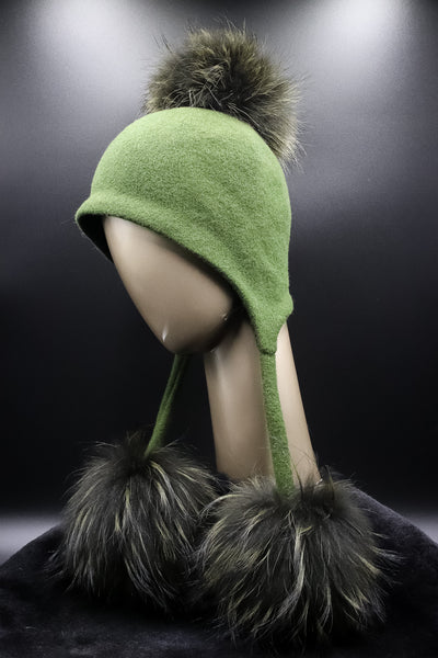 Assorted Wool Ear-Flaps Hat with Finn Raccoon Pom-Poms