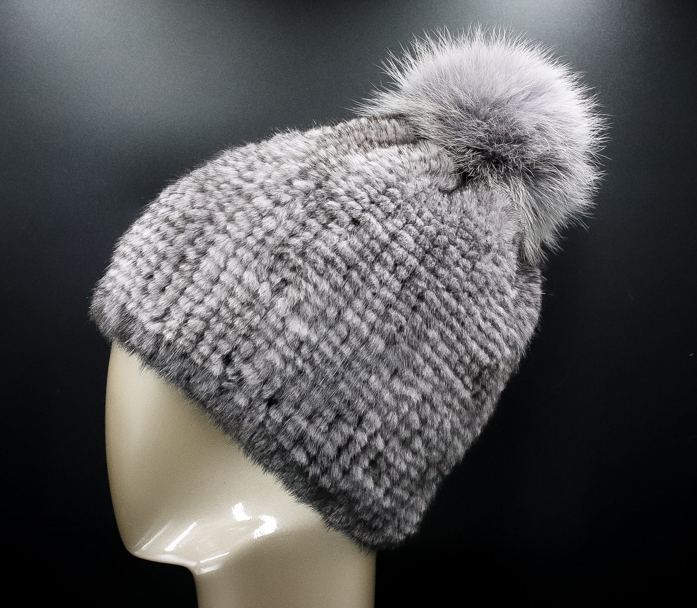 Knitted Natural Blue Iris Mink Hat with Fox Pom-Pom
