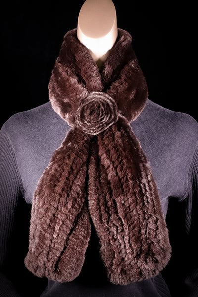 Knitted Brown Chinchilla Rex Rabbit Pull-Through Rosette Scarf