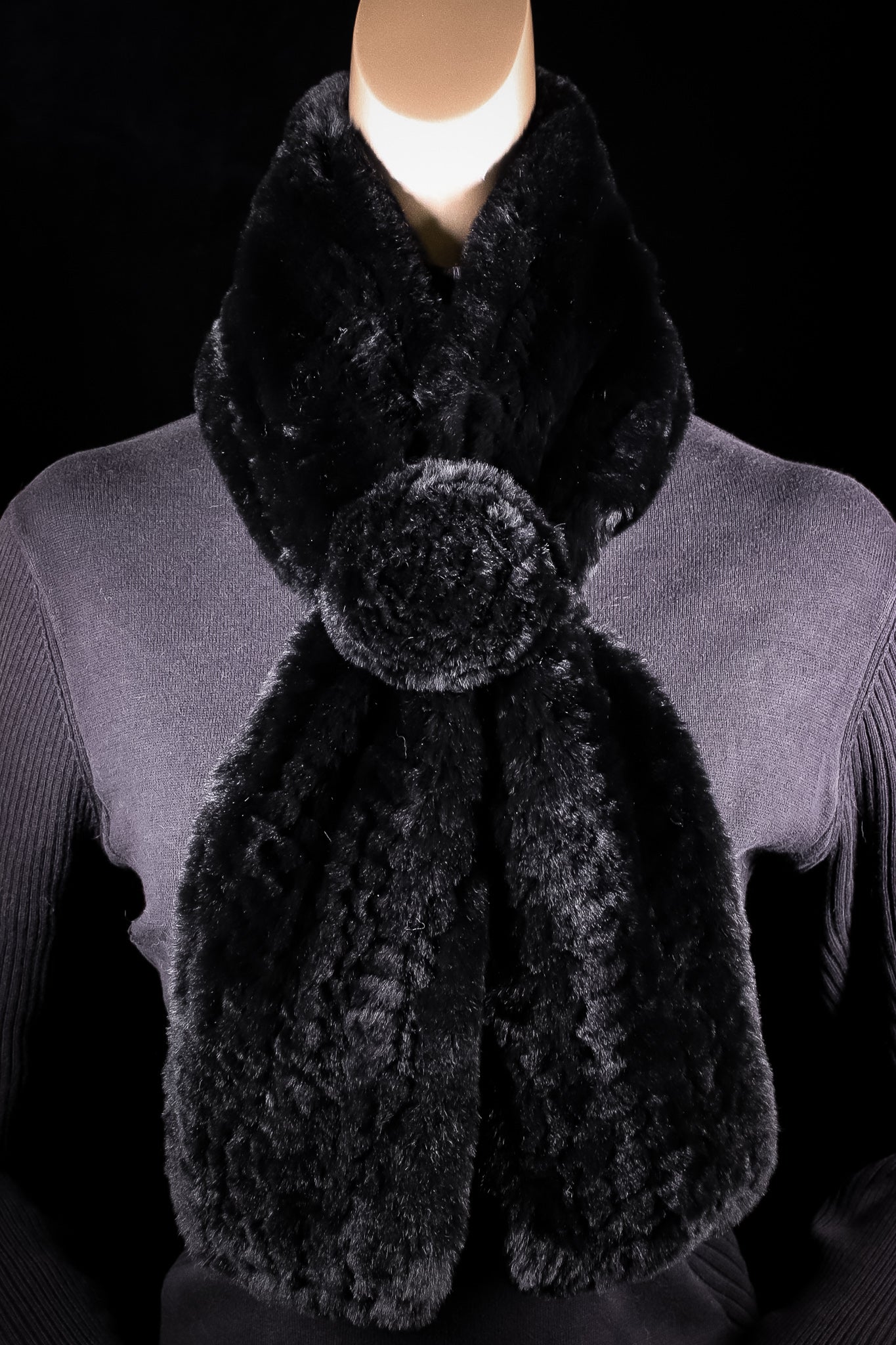 Knitted Black Chinchilla Rex Rabbit Pull-Through Rosette Scarf – Alaska Fur  Gallery, Inc.