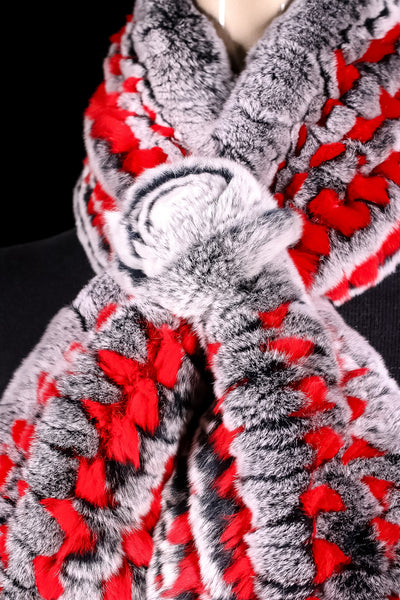 Knitted Red and Grey Chinchilla Rex Rabbit Pull-Through Rosette Scarf