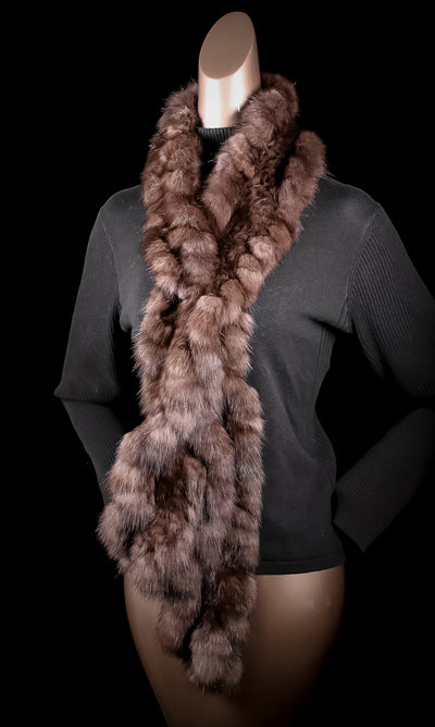 Knitted Natural Sable Ruffle Pull-Through Scarf
