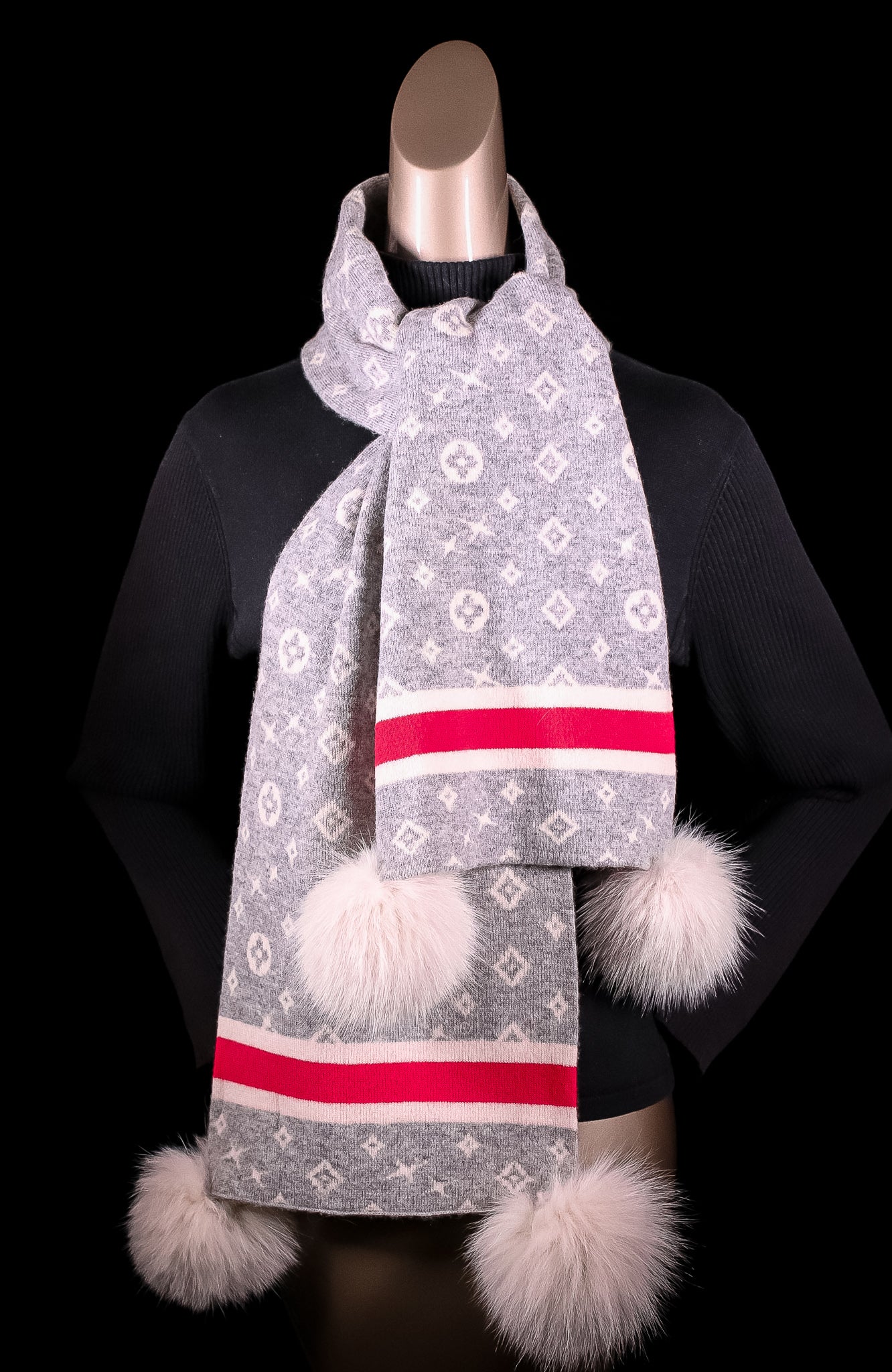 Assorted Wool Louis Vuitton-Inspired Scarf with Fox Pom-Pom