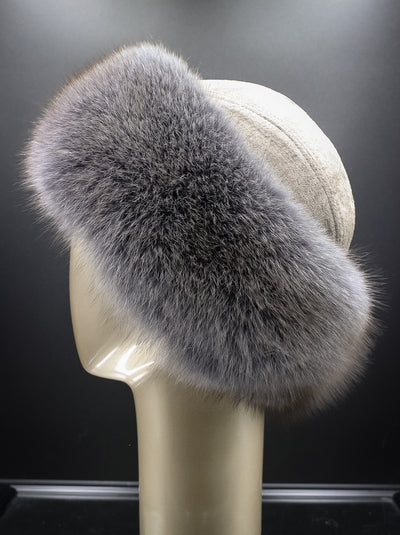 Italian Lamb Suede Hat with Grey Fox Trim