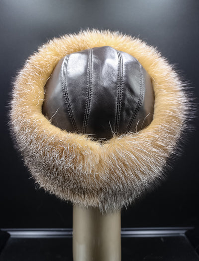 Brown Italian Lamb Leather Hat with Crystal Fox Trim
