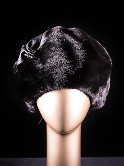 Black Long Hair Mink Beret with Crystal Lamb Leather Brooch
