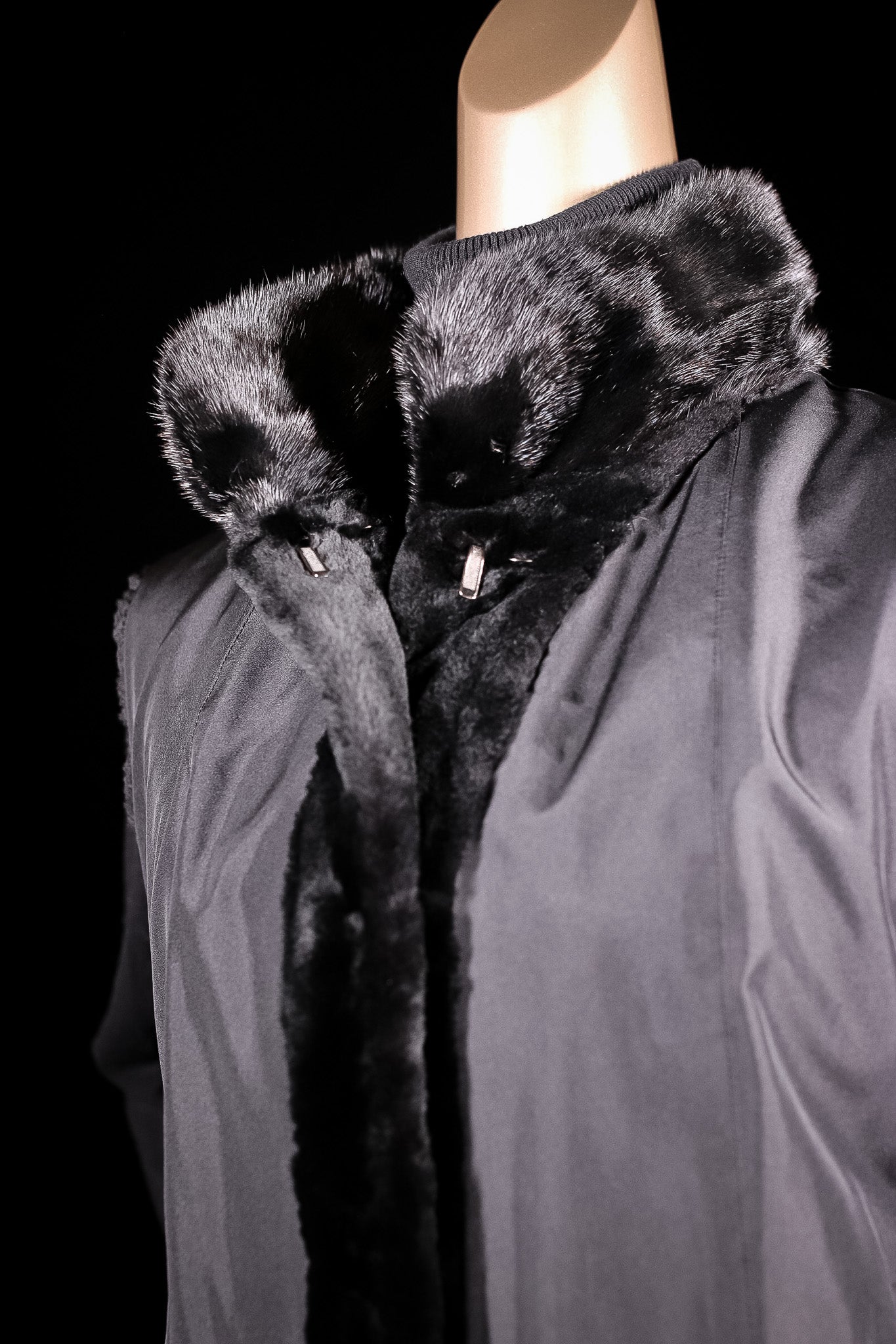 Sheared Mink Reversible to Taffeta Rainwear Vest with Long Hair Mink Collar