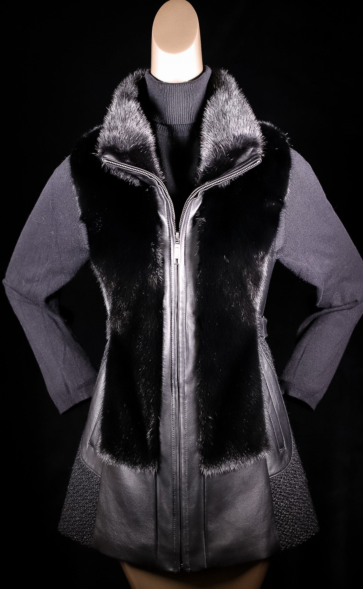 Italian Lamb Leather Vest with Long Hair Mink Panels and Stand-Up Collar