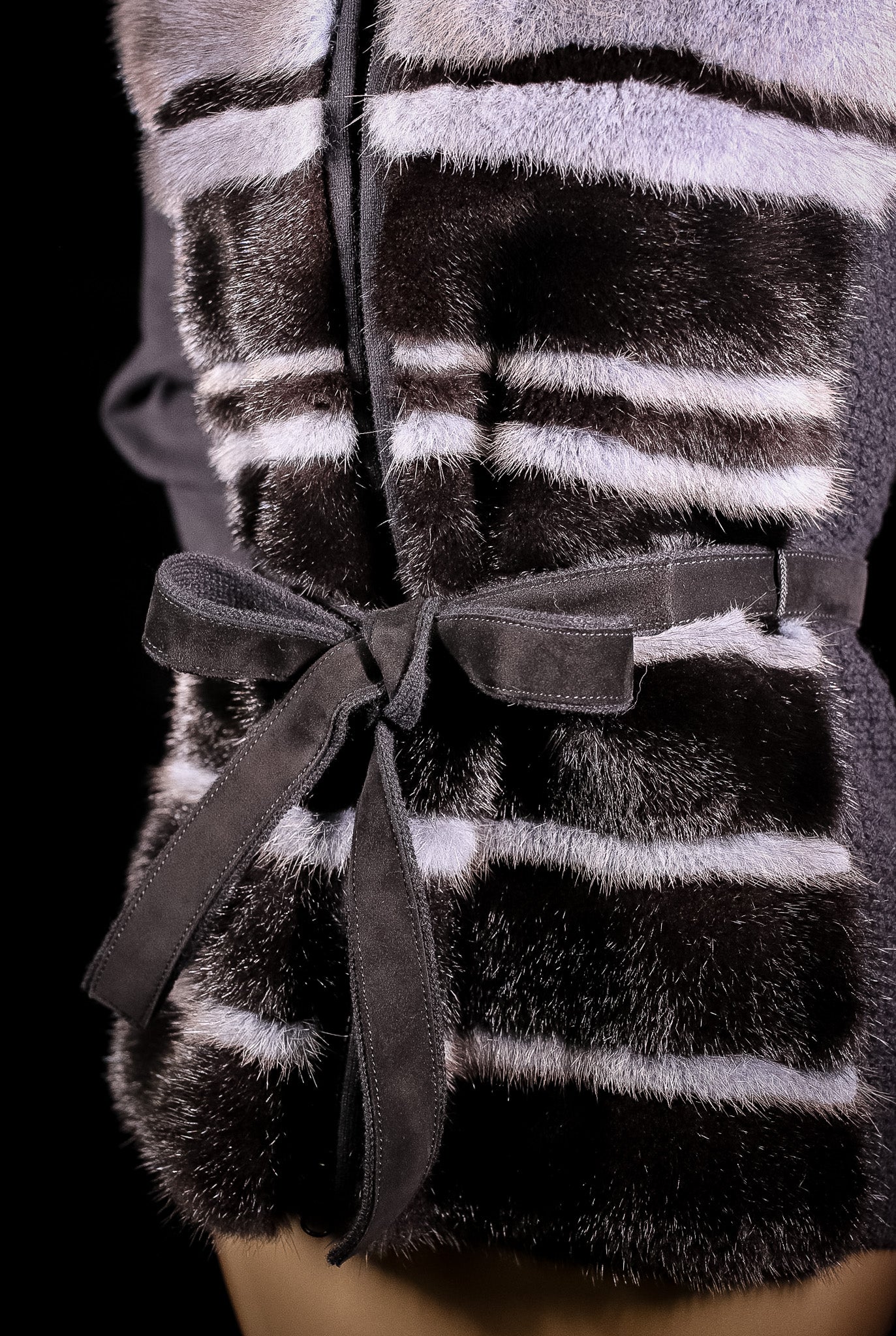 Woven Wool Belted Vest with Horizontal Mink Panels and Fox Trimmed Hood