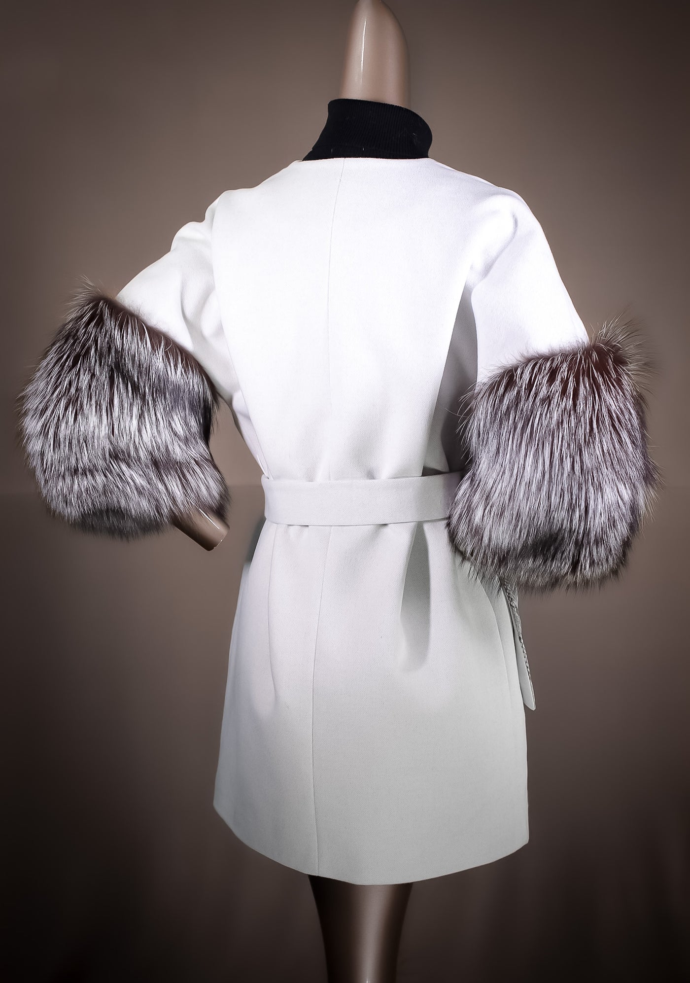 Italian Cashmere Belted Cape with Python Pockets and Silver Fox Sleeves