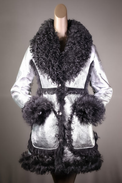 Metallic-Embossed Leather Jacket Reversible to Spanish Shearling
