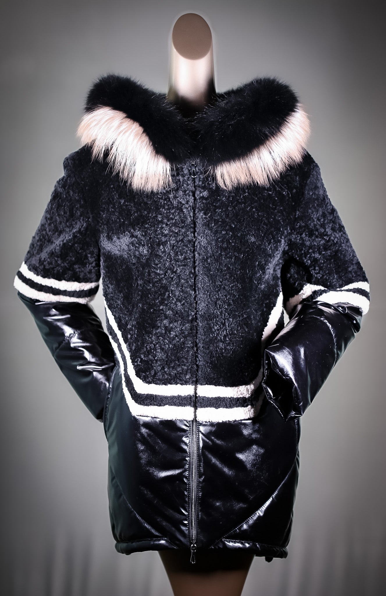 Lamb Shearling Jacket with Fox Trimmed Hood and Removable Nylon Sleeves