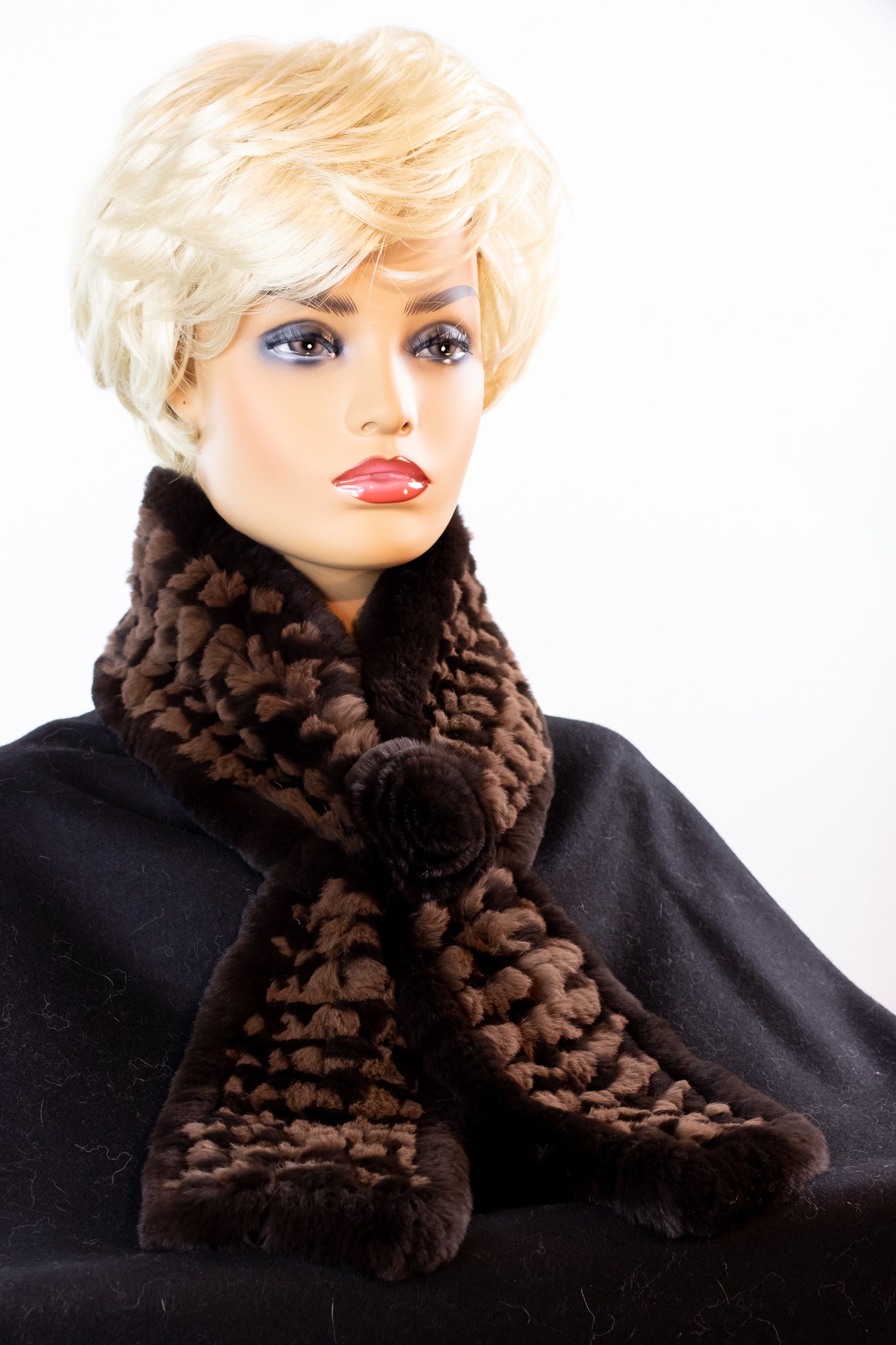 Knitted Brown and Gold Chinchilla Rex Rabbit Pull-Through Rosette Scarf