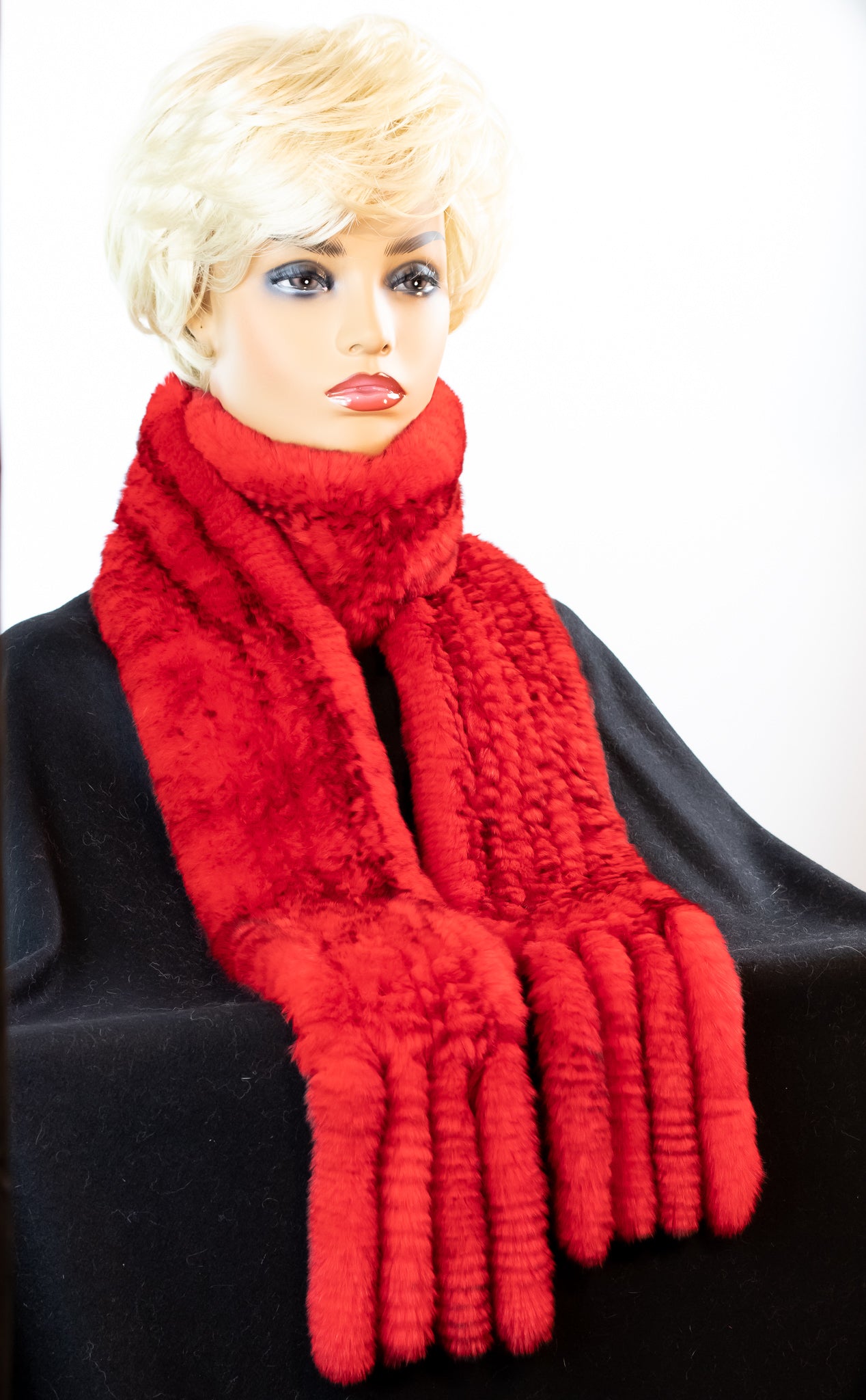 Knitted Red Chinchilla Rex Rabbit Scarf with Fringes