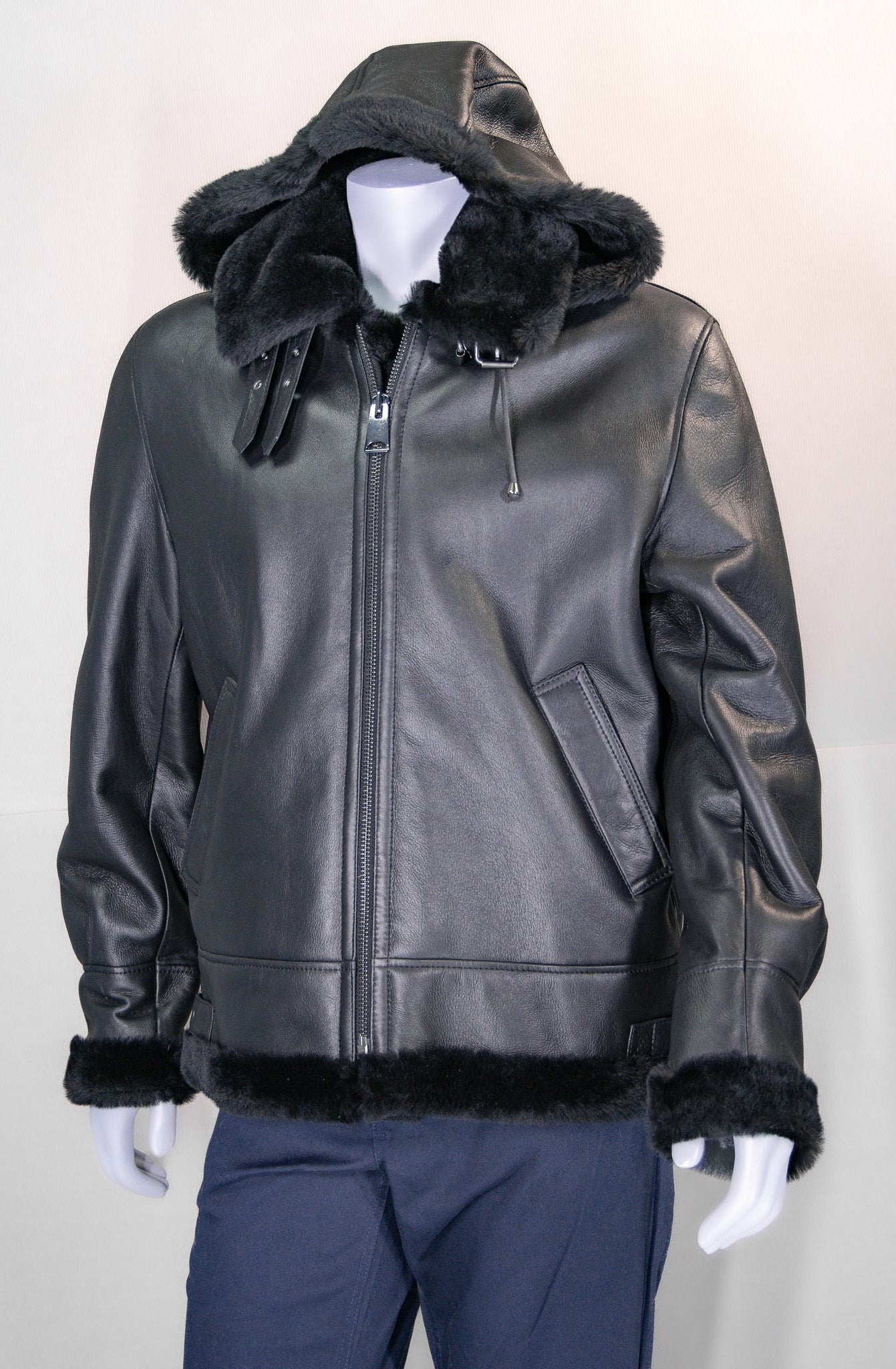 Hooded Merino Lamb Bomber with Shirt Collar
