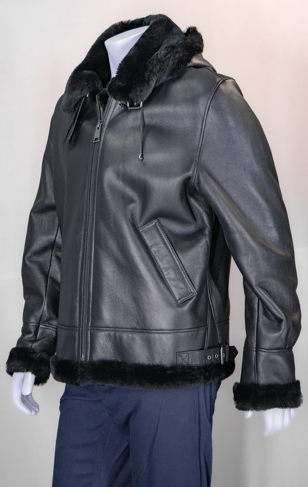 Hooded Merino Lamb Bomber with Shirt Collar