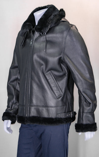Hooded Merino Lamb Bomber with Shirt Collar