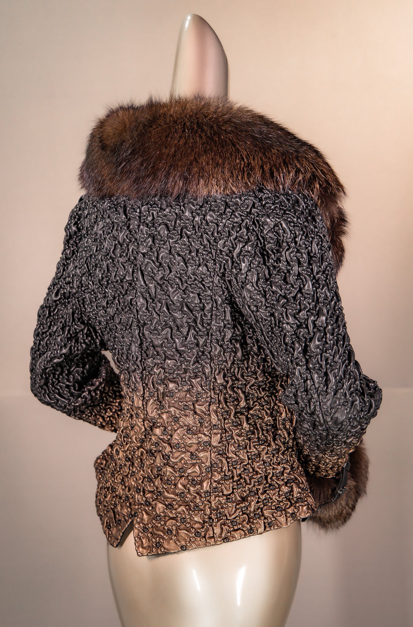 Italian Lamb Leather "Bubble" Bolero Jacket with Fox Trim