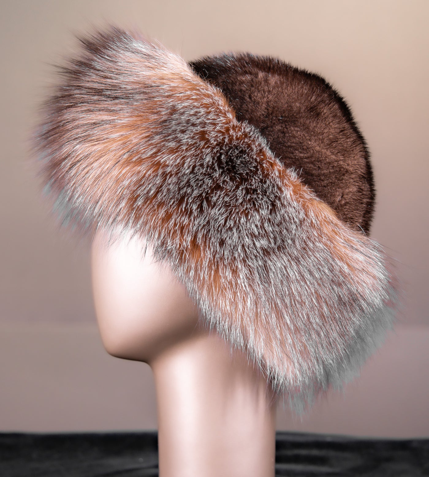 Natural Mahogany Mink Hat with Crystal Fox Trim