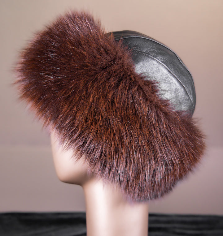 Brown Fox & Leather  Hat Brown Leather Hat with Fox Trim - Sakowitz Furs main image 4