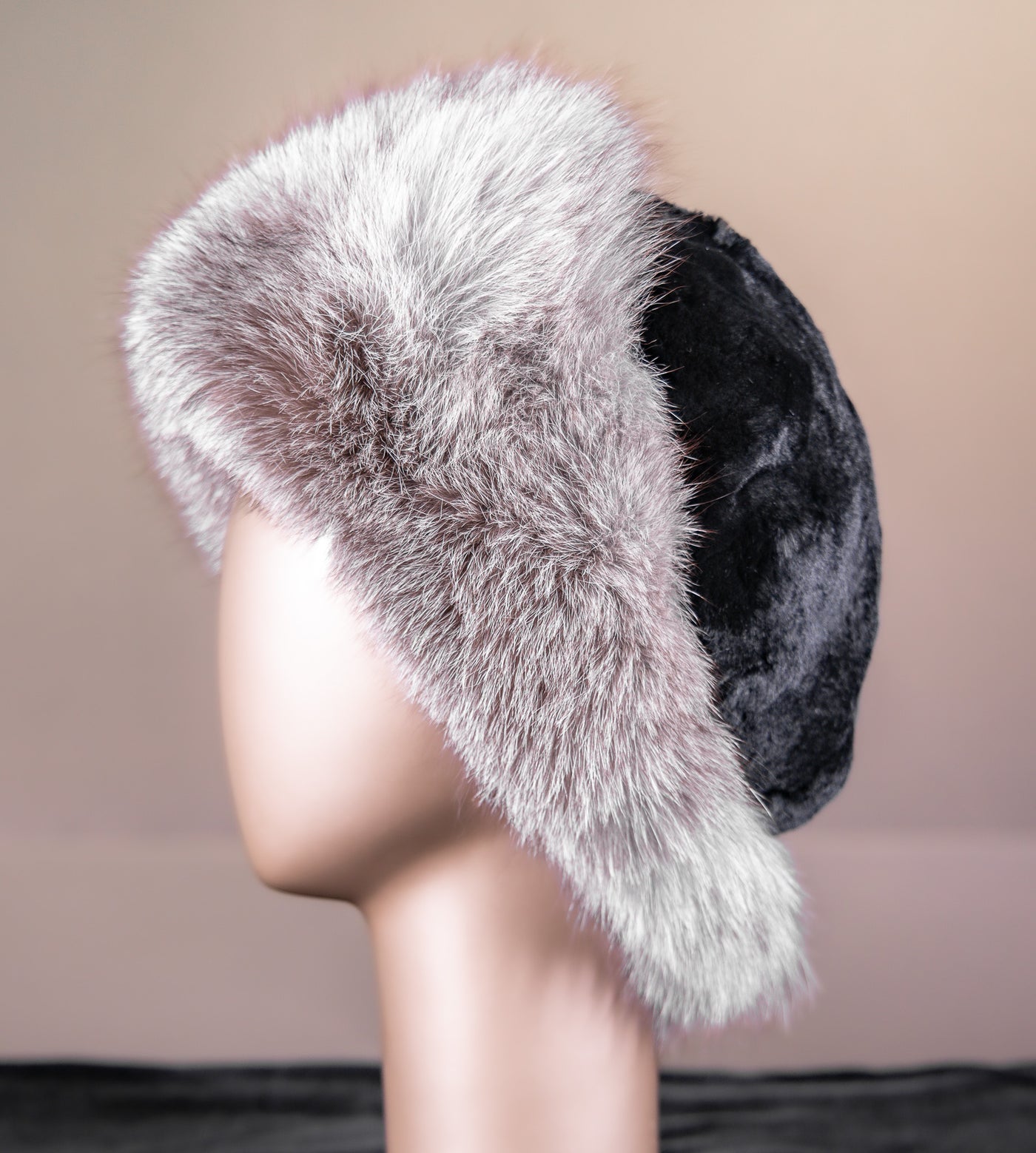 Chinchilla Rex Rabbit Hat with Indigo Fox Trim