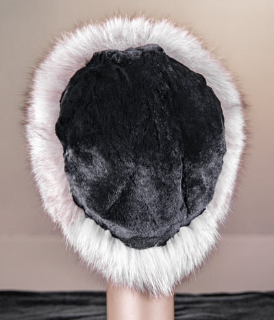 Chinchilla Rex Rabbit Hat with Indigo Fox Trim