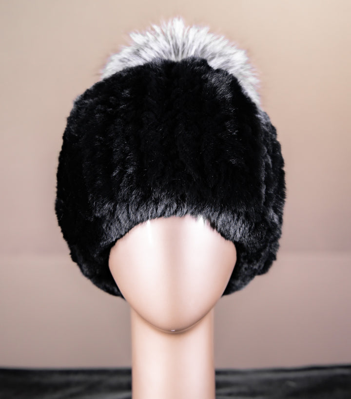 Chinchilla- Patterned Rex Rabbit Fur Beanie With Pom Poms OS Assorted Knitted Chinchilla Rex Rabbit Beanies with Fox Pom  main image 4