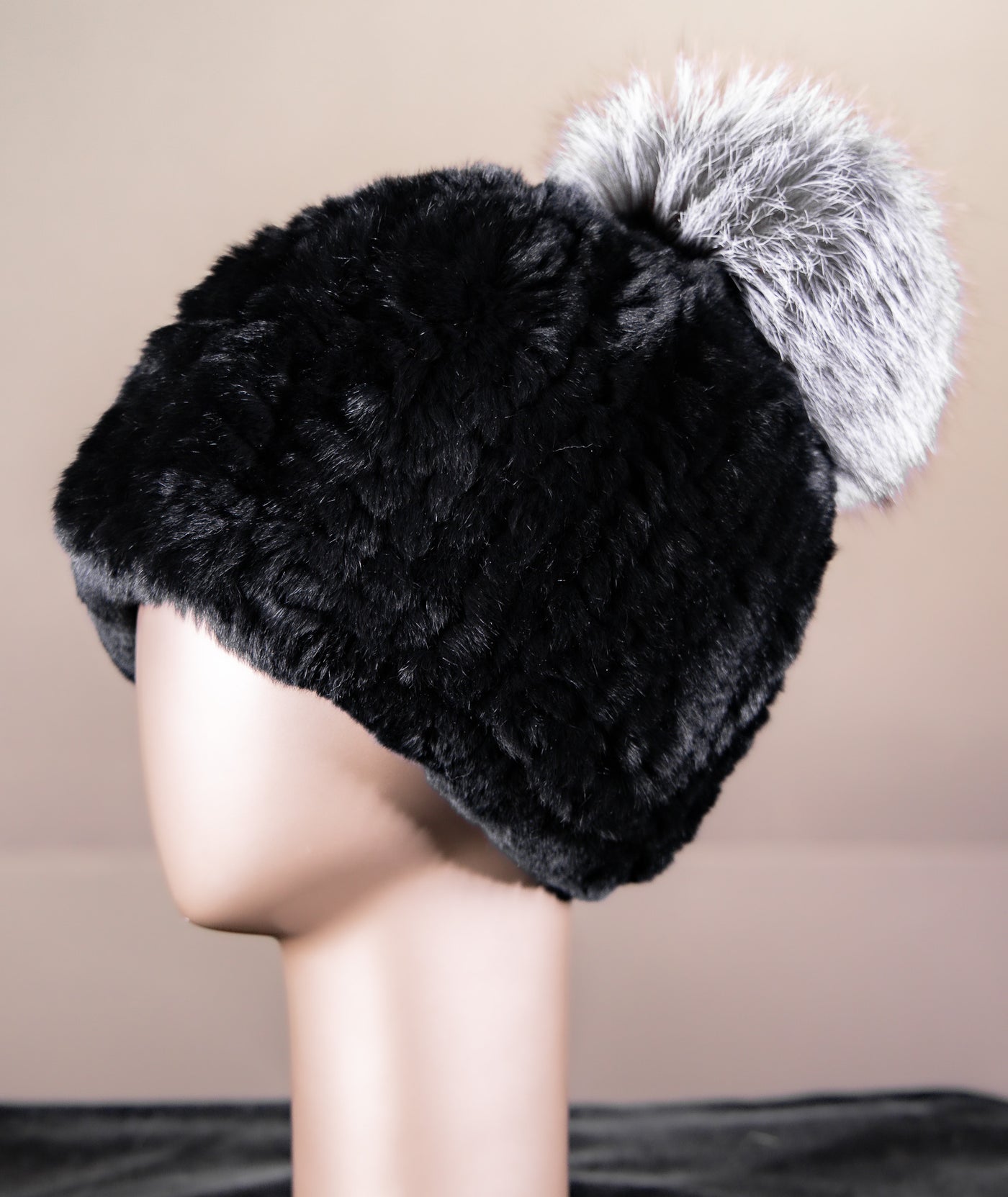 Assorted Knitted Chinchilla Rex Rabbit Beanies with Fox Pom-Pom