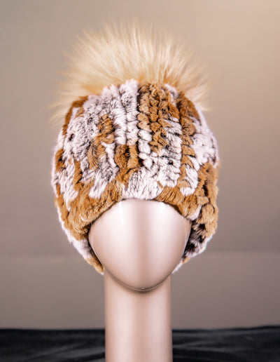 Assorted Knitted Chinchilla Rex Rabbit Beanies with Fox Pom-Pom