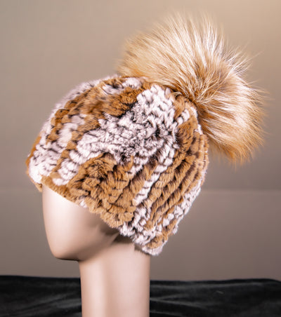 Assorted Knitted Chinchilla Rex Rabbit Beanies with Fox Pom-Pom