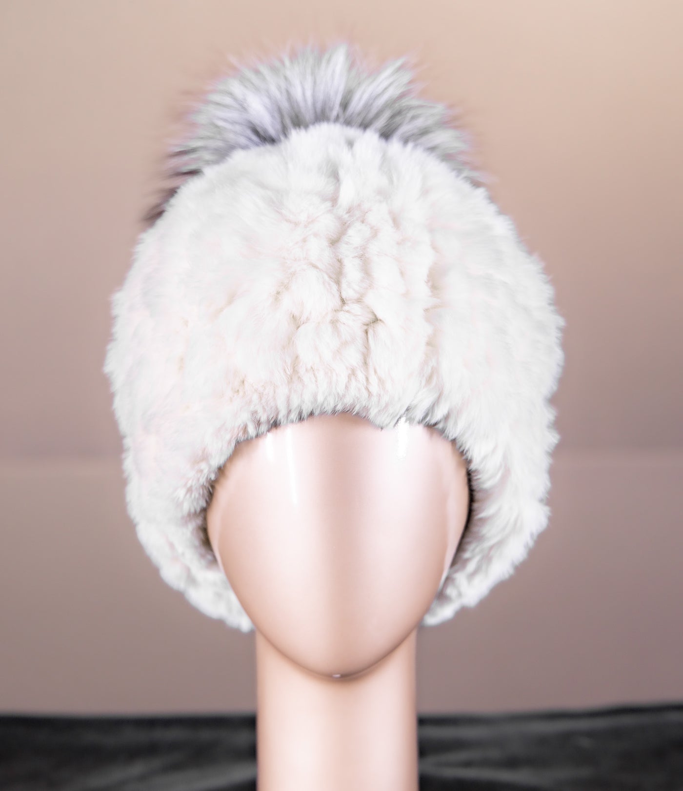 Knitted Chinchilla Rex Rabbit Beanie with Fox Pom-Pom