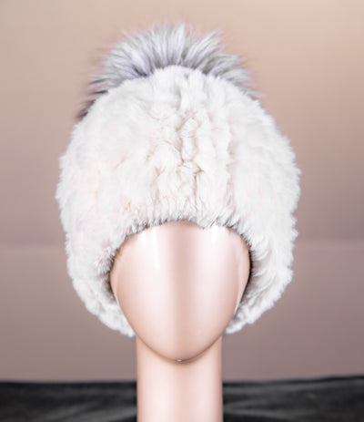 Knitted Chinchilla Rex Rabbit Beanie with Fox Pom-Pom