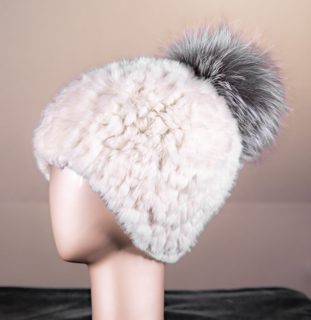 Knitted Chinchilla Rex Rabbit Beanie with Fox Pom-Pom  display picture 1