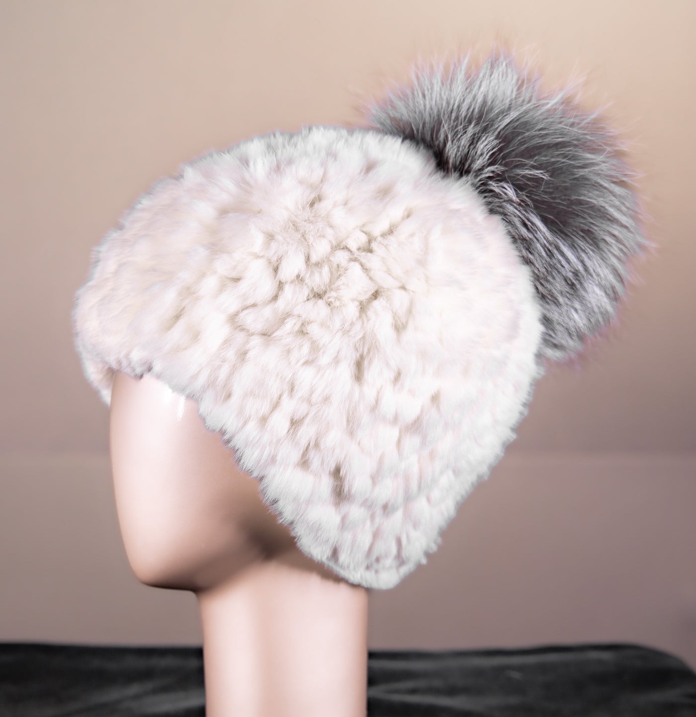Knitted Chinchilla Rex Rabbit Beanie with Fox Pom-Pom