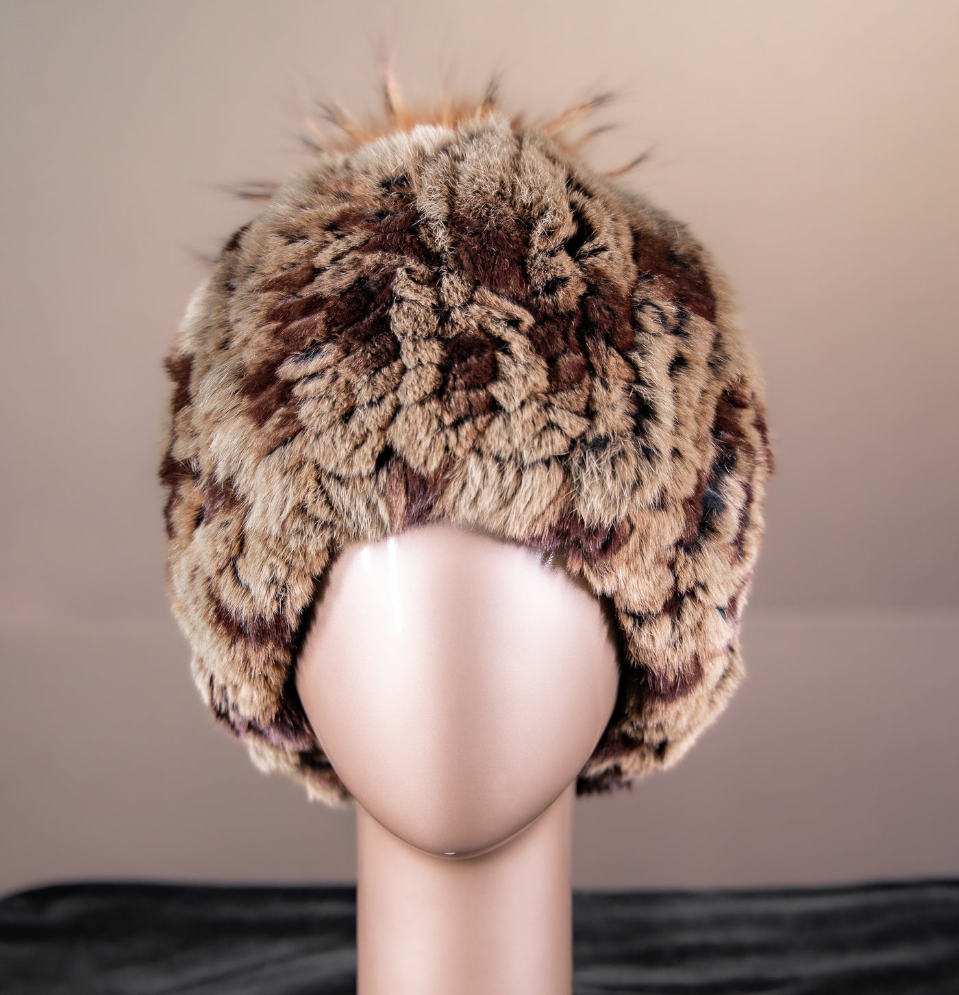 Assorted Knitted Chinchilla Rex Rabbit Beanies with Fox Pom-Pom