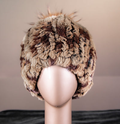 Assorted Knitted Chinchilla Rex Rabbit Beanies with Fox Pom-Pom