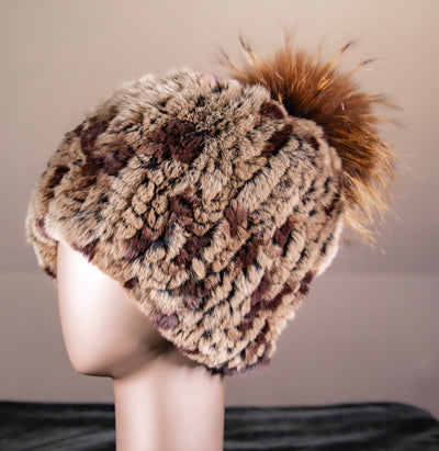 Assorted Knitted Chinchilla Rex Rabbit Beanies with Fox Pom-Pom