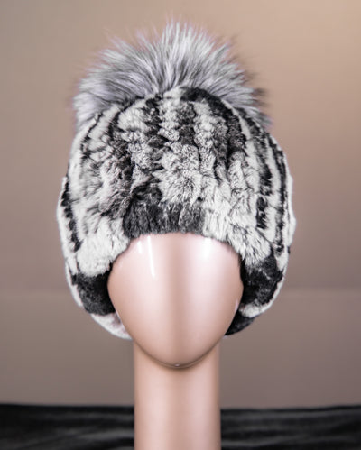 Assorted Knitted Chinchilla Rex Rabbit Beanies with Fox Pom-Pom