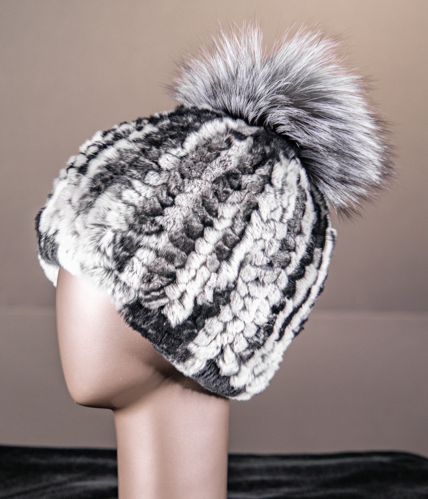 Assorted Knitted Chinchilla Rex Rabbit Beanies with Fox Pom-Pom