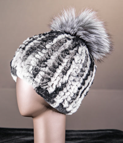 Assorted Knitted Chinchilla Rex Rabbit Beanies with Fox Pom-Pom