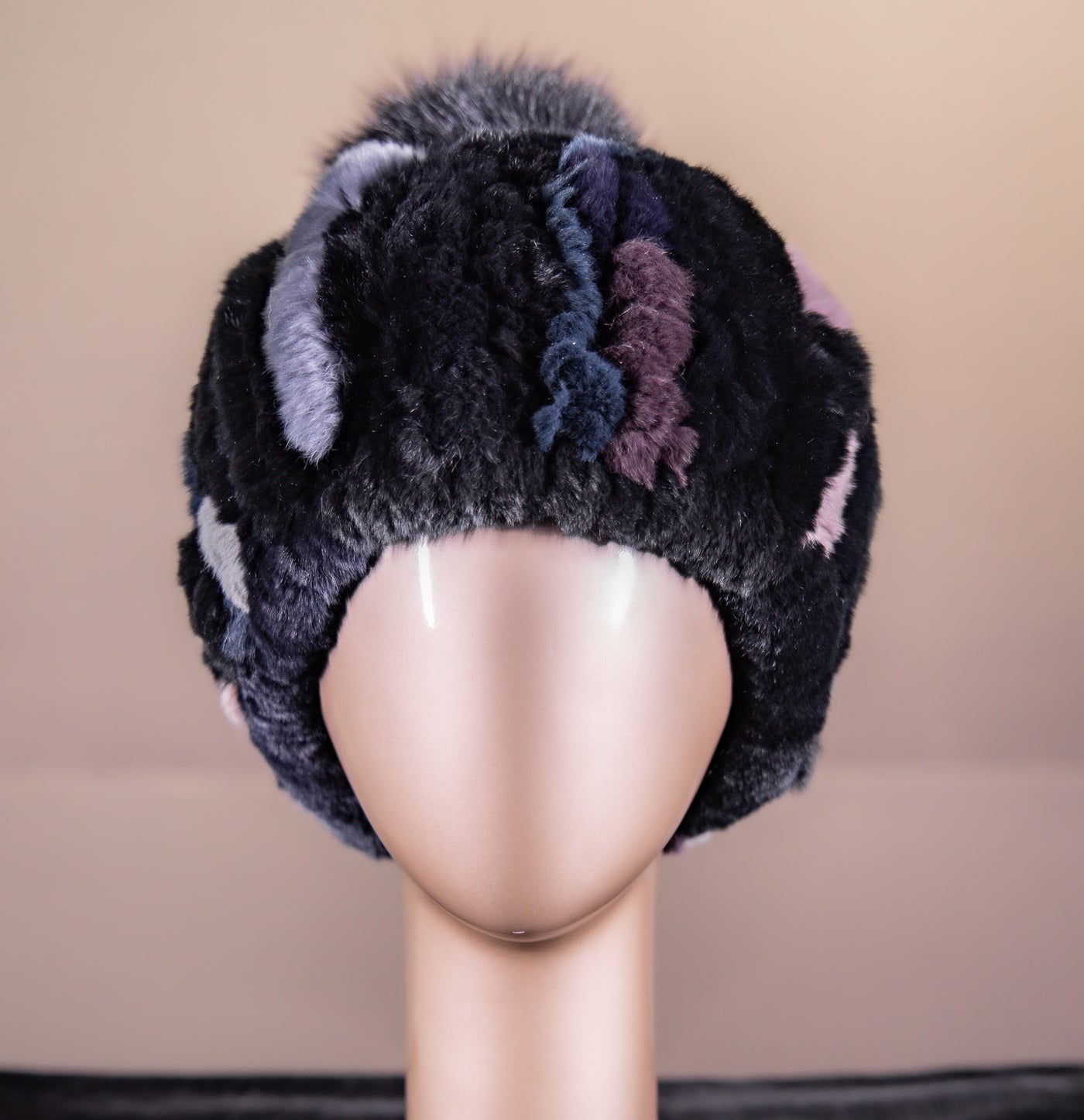 Knitted Chinchilla Rex Rabbit Beanie with Fox Pom-Pom