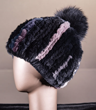 Knitted Chinchilla Rex Rabbit Beanie with Fox Pom-Pom