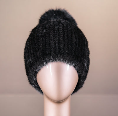 Knitted Mink Beanie with Fox Pom-Pom