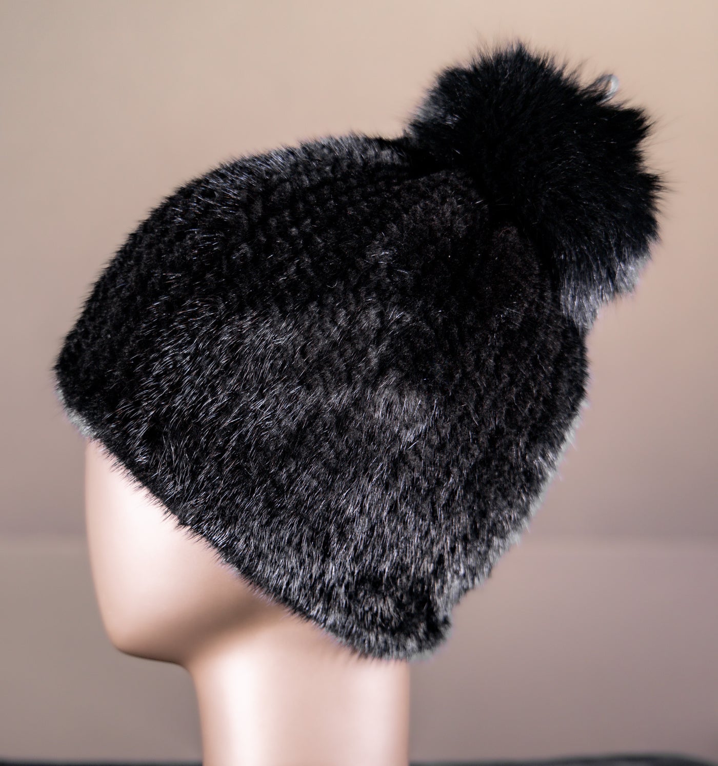 Knitted Mink Beanie with Fox Pom-Pom